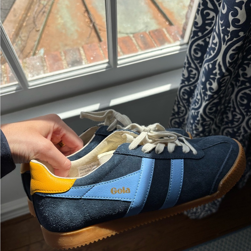 Gola Navy Suede Sneakers with Light Blue Stripes & Yellow Heel